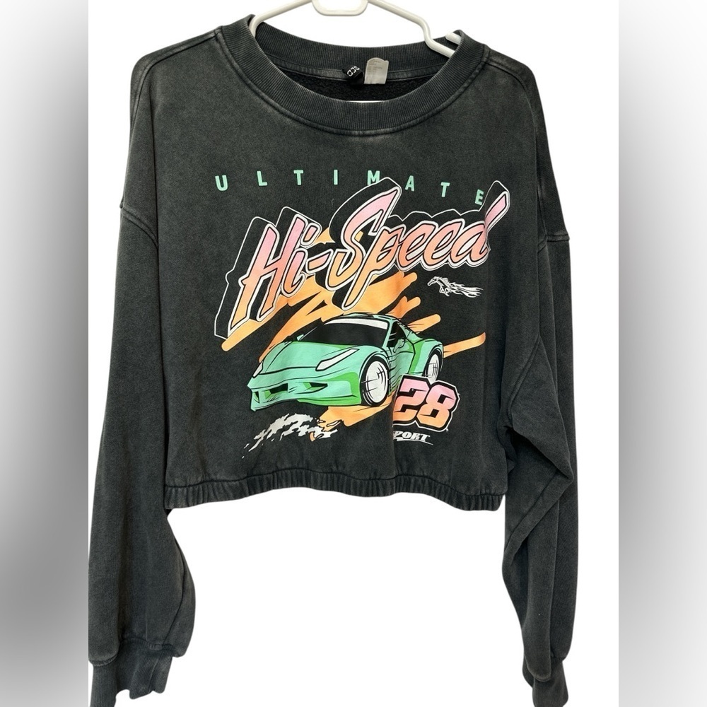 H&M black grey crop sweatshirt green orange car speedway sports graphic